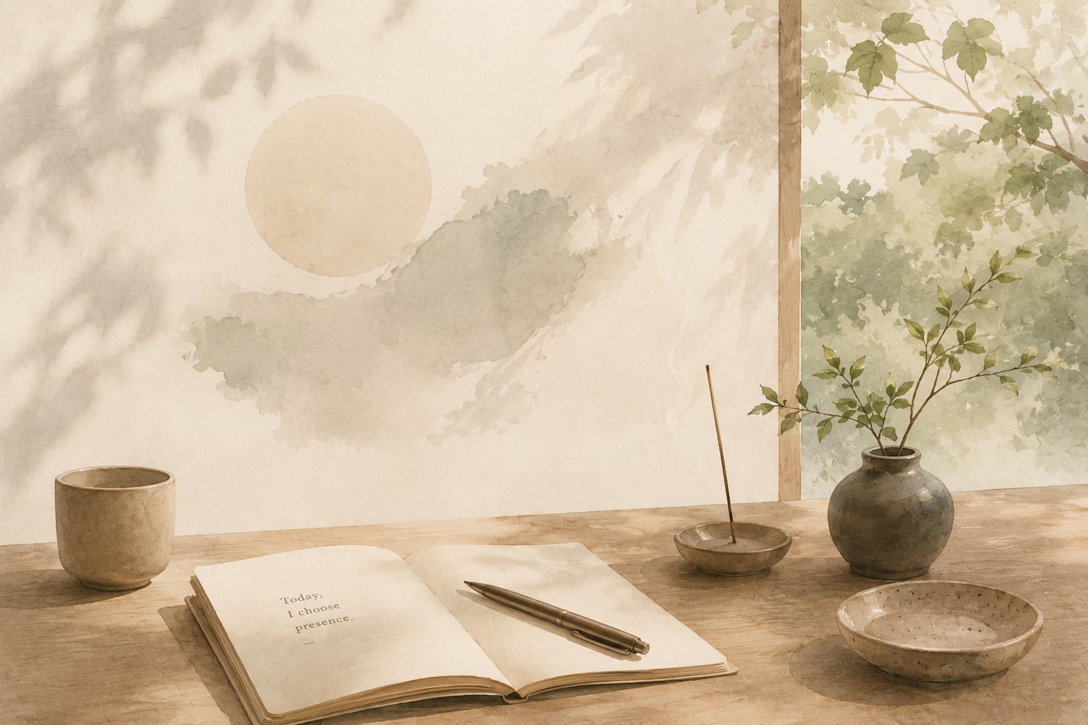 An open journal, a ceramic cup, and a small vase of greenery on a sunlit wooden table